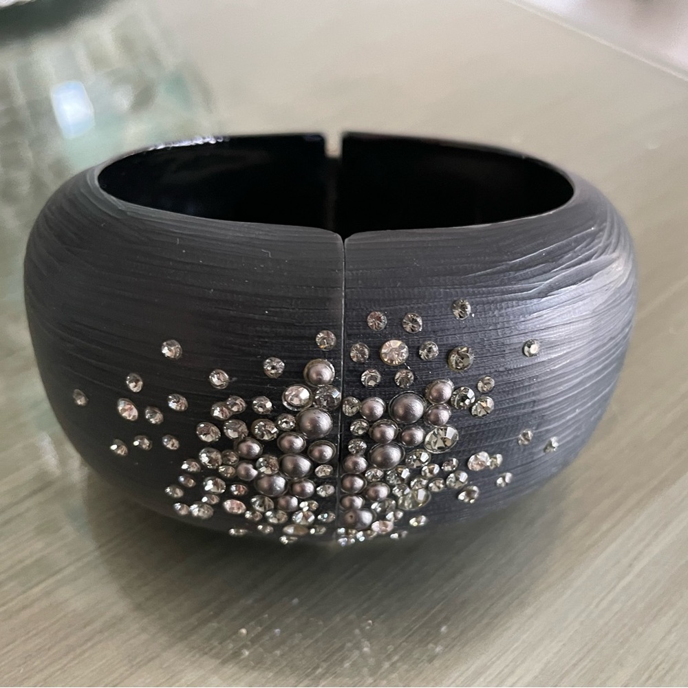 Alexis Bittar black lucite crystal-studded hinged bangle bracelet
